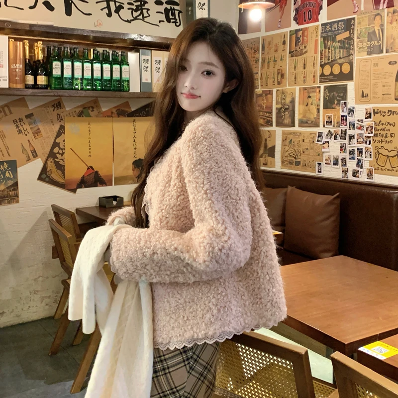 粉色羊羔绒外套女2025新款爆款秋冬韩版加厚小个子短款麂皮绒棉服