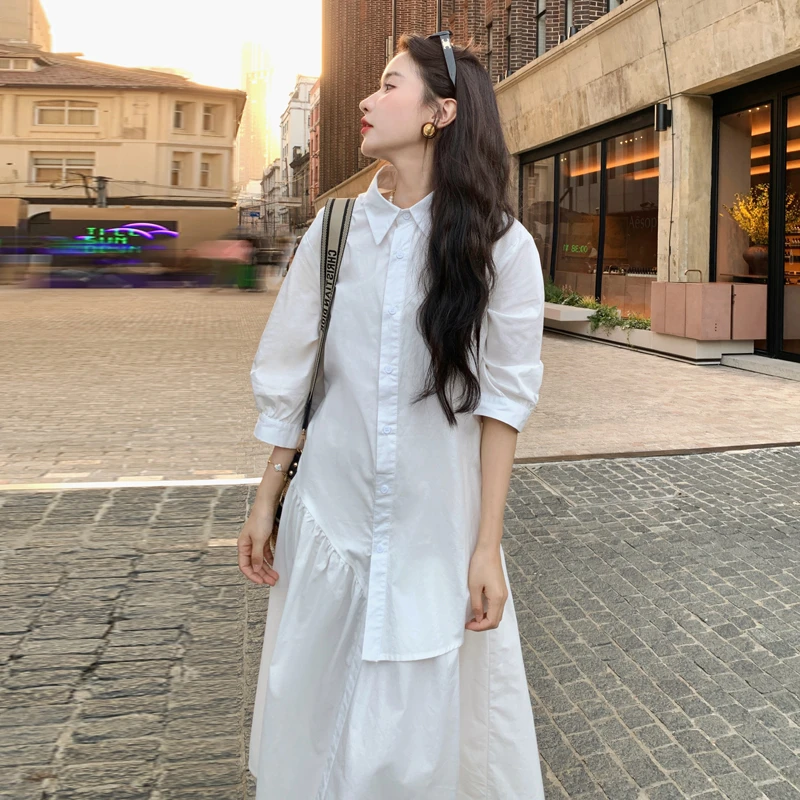 白色长袖连衣裙女夏季新款2025韩版高级感气质休闲宽松减龄衬衫裙