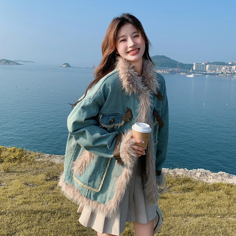 牛仔加绒加厚兔毛派克服女韩系高级感小个子保暖冬季新款2025棉服