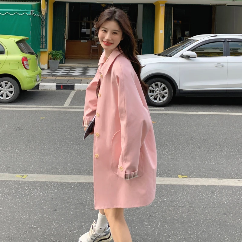 粉色风衣外套女2025秋季新款韩系设计感小个子休闲宽松中长款大衣