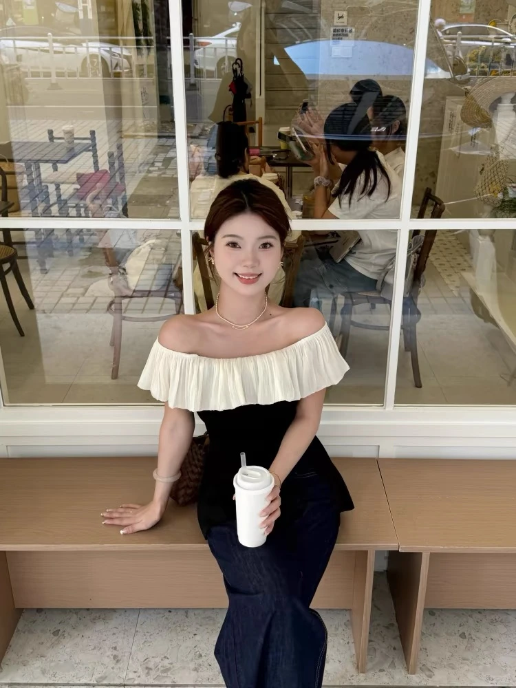 夏季温柔风一字肩上衣女新款小众修身显瘦撞色荷叶边气质小衫露肩