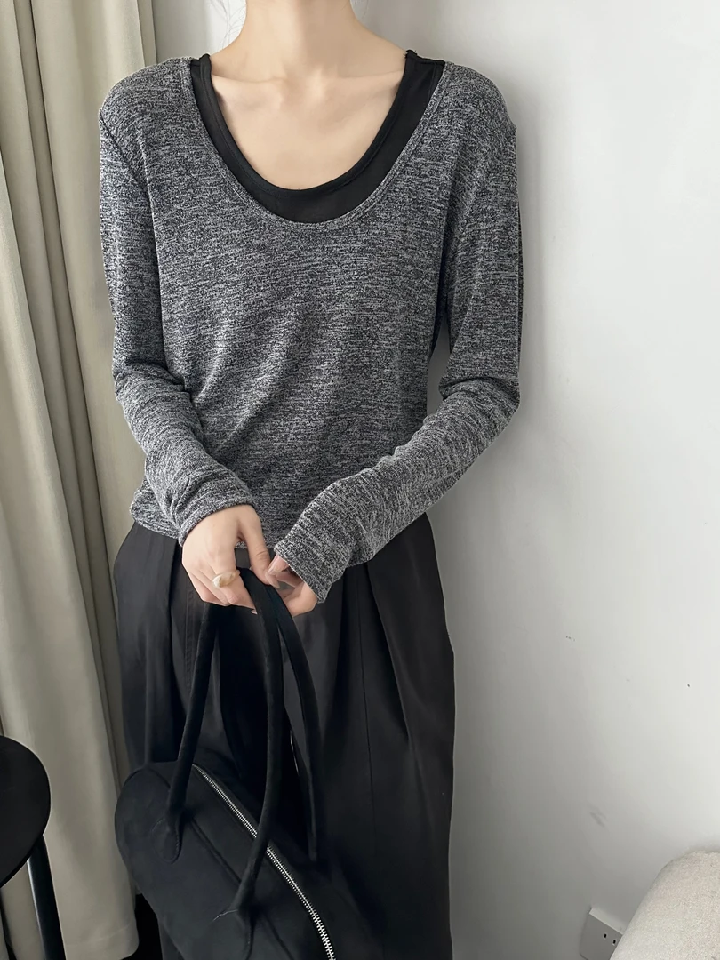 秋季新款长袖T恤衫背心两件套心灰色修身露肩时尚打底外穿上衣