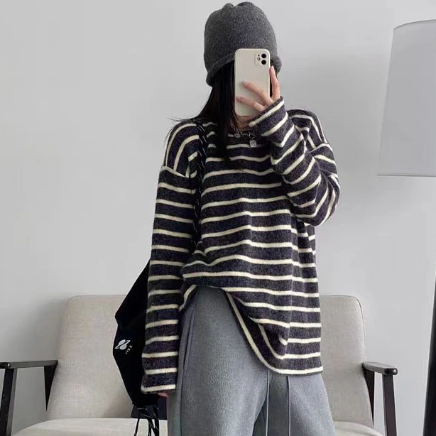 奥利奥绒打底衫设计感撞色条纹高领2025春季宽松圆领慵懒风上衣女