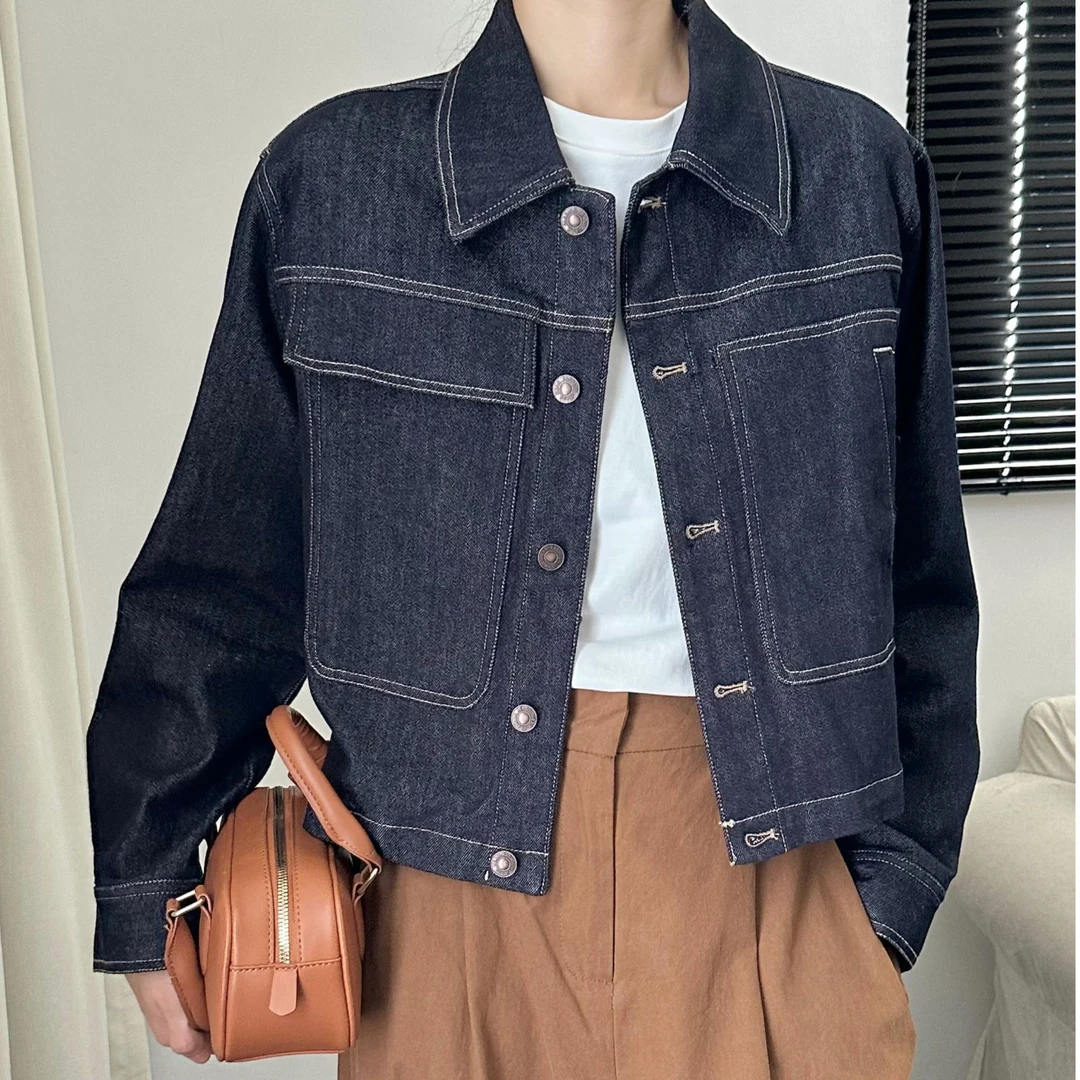 显瘦长袖时尚休闲百搭简约翻领水洗牛仔外套秋款复古气质夹克上衣