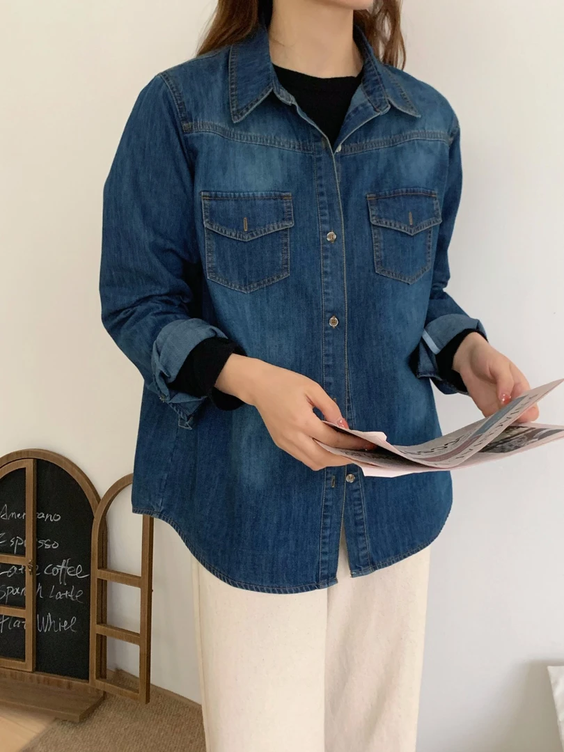 2025早春新款复古港风牛仔衬衫女小个子时尚宽松休闲内搭叠穿衬衣
