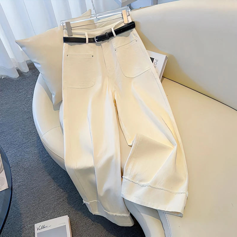 【碳磨纯棉】弹力百搭高腰窄版阔腿裤女白色2025秋季休闲显瘦直筒裤