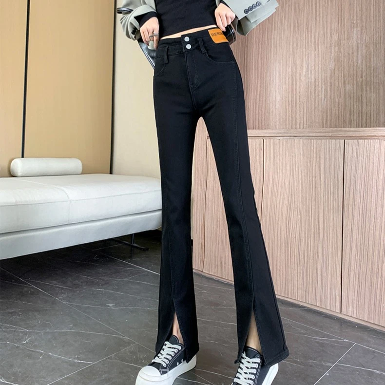 黑色开叉喇叭裤女春秋2025新款梨型身材高腰显瘦显高弹力微喇裤子
