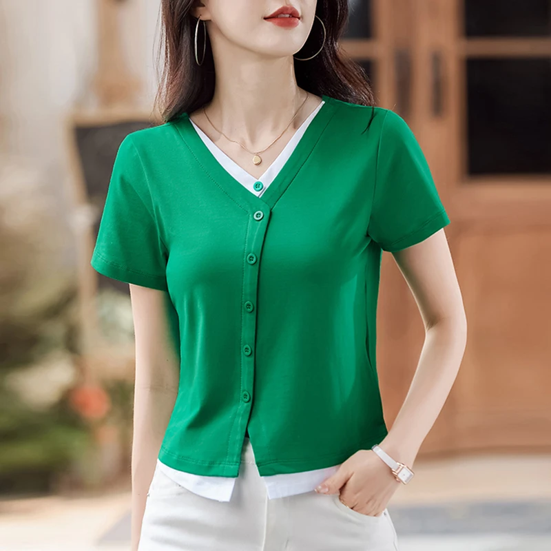 假两件时尚短袖t恤女装2024新款夏季宽松锁骨高腰小个子短款上衣