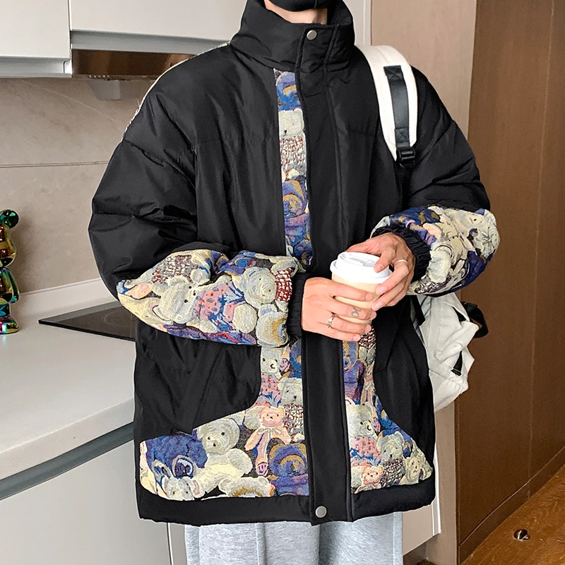 冬季新款男友风国潮休闲大码立领宽松男友感加厚保暖小熊拼接棉衣