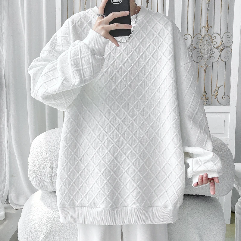 美式复古菱形格慵懒风百搭卫衣春秋款男重磅圆领男友感套头上衣