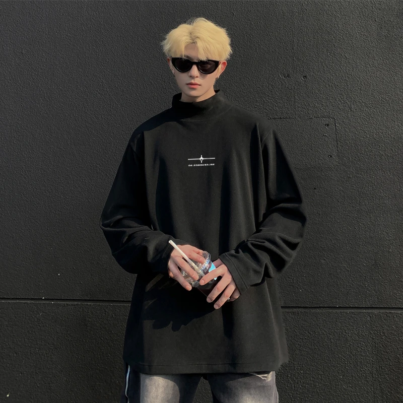 冬季新款港风大码半高领德绒T恤男士长袖内搭打底衫外套