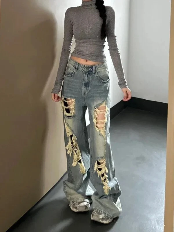 美式高街设计感破洞牛仔裤女春季新款复古高腰直筒宽松显瘦阔腿裤