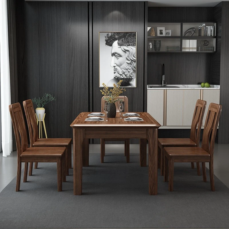 全实木餐桌椅组合长方形胡桃木轻奢风新中式4人小户型家用吃饭桌