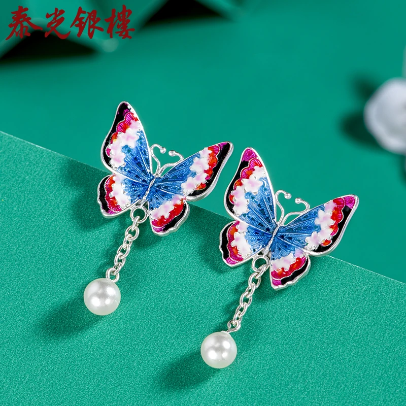 泰光银楼 足银珐琅耳饰  阿海设计春之声足银999蝴蝶耳钉国风银饰