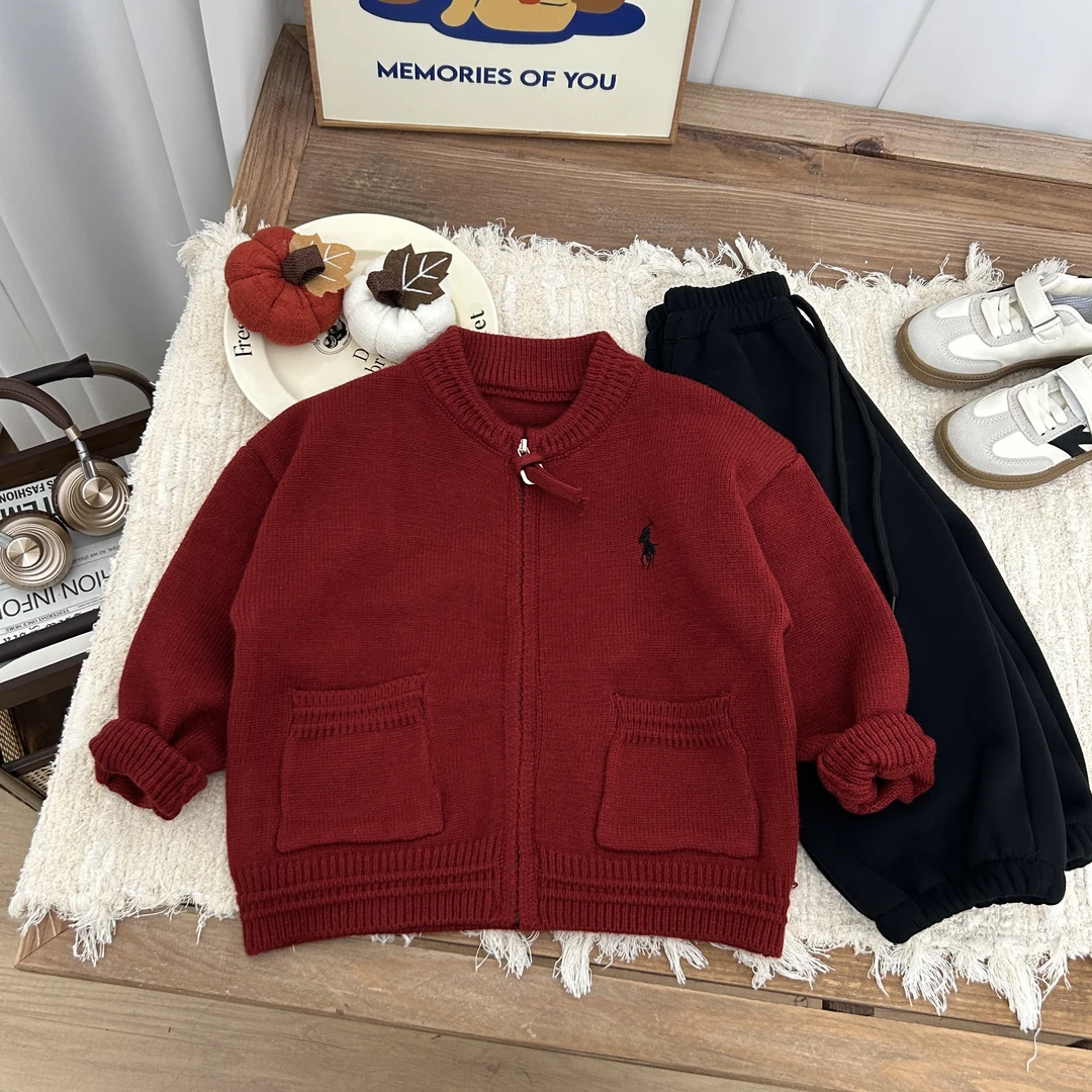 【小佑童装】2024儿童新韩版针织纯色刺绣口袋拉链开衫外套