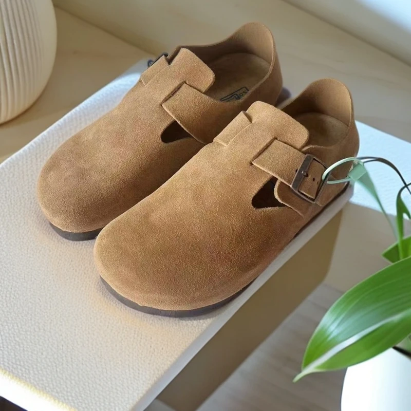 【舒珊达】勃肯全包2024新款男女款棕色舒适百搭软底复古真皮平底