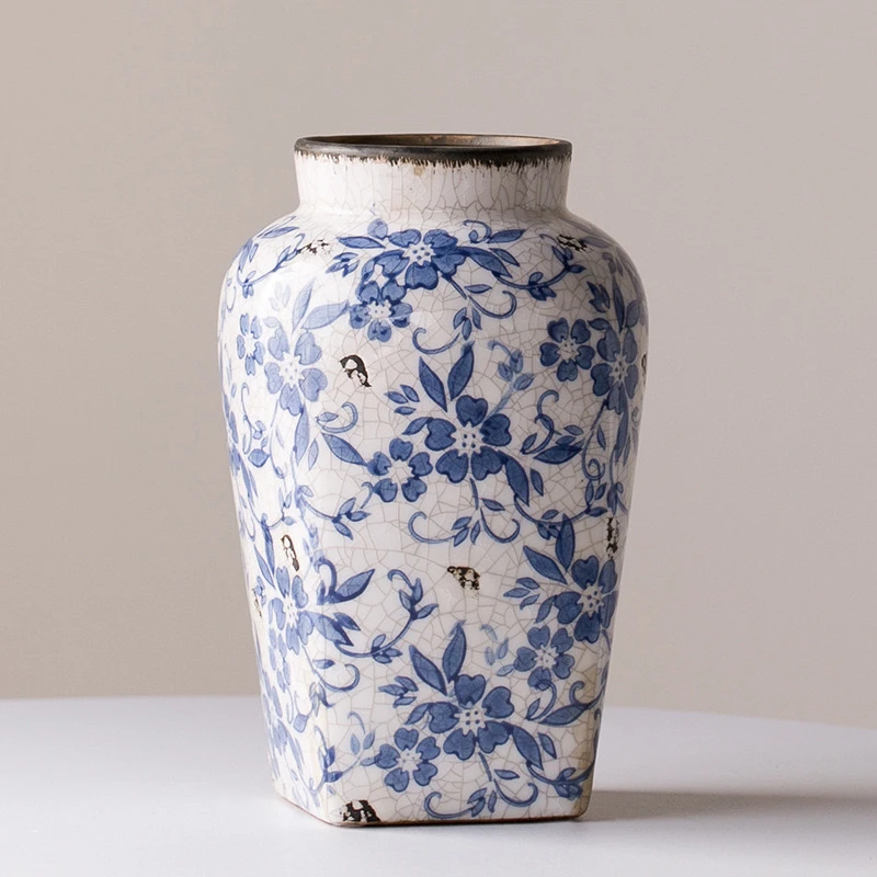 花妍冰裂纹青花花瓶方底大号装饰花瓶