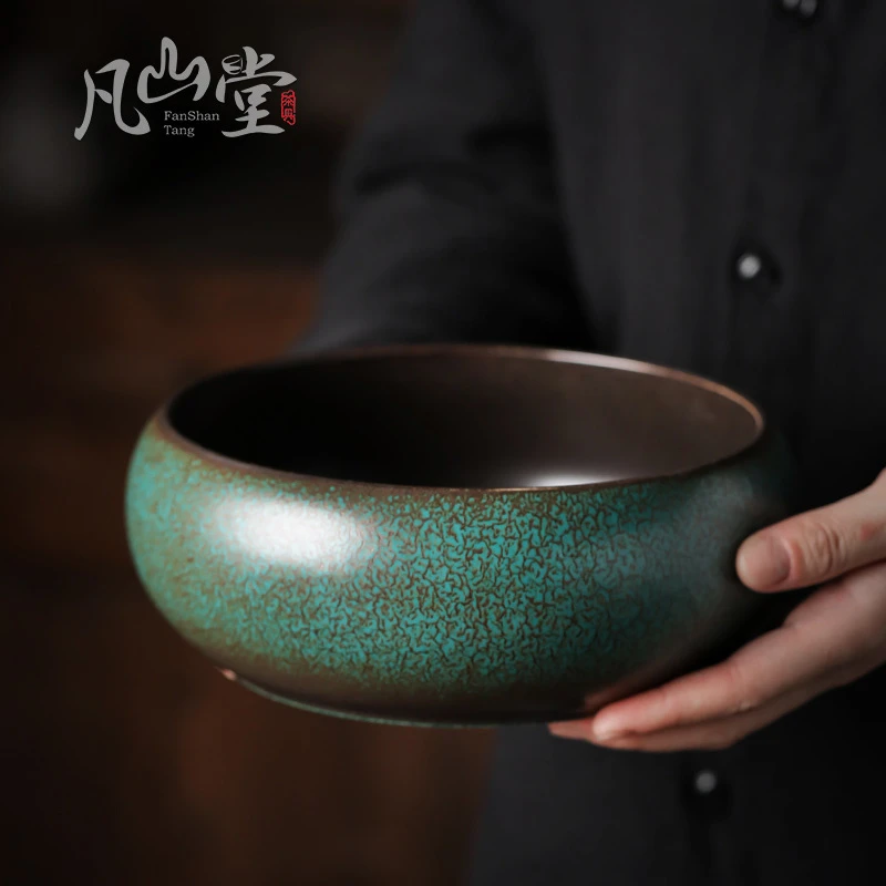 日式粗陶松石绿复古窑变大号茶洗茶盂废水缸家用杯洗茶道配件茶具