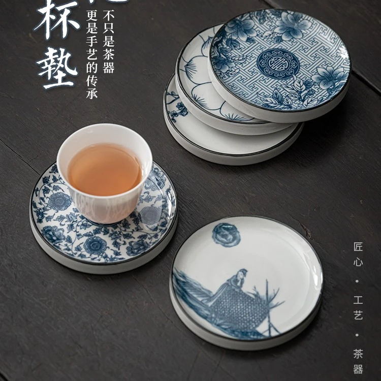 复古青花圆形杯垫陶瓷隔热防烫家用杯托功夫茶具配件茶杯垫