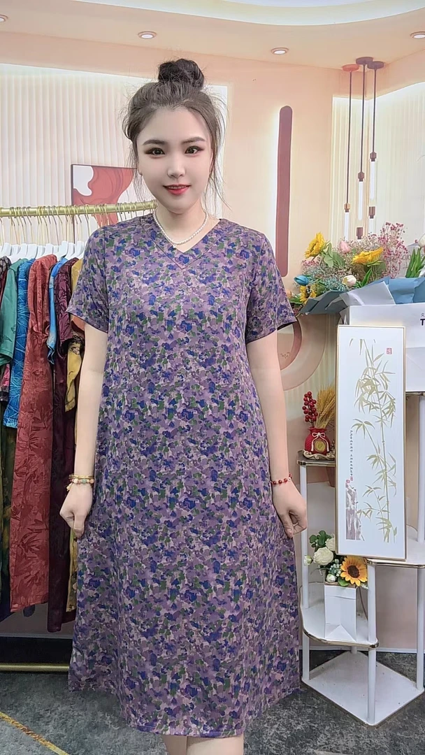 【薰衣草短袖】2024夏季新款时尚气质显瘦百搭中长款妈妈装连衣裙