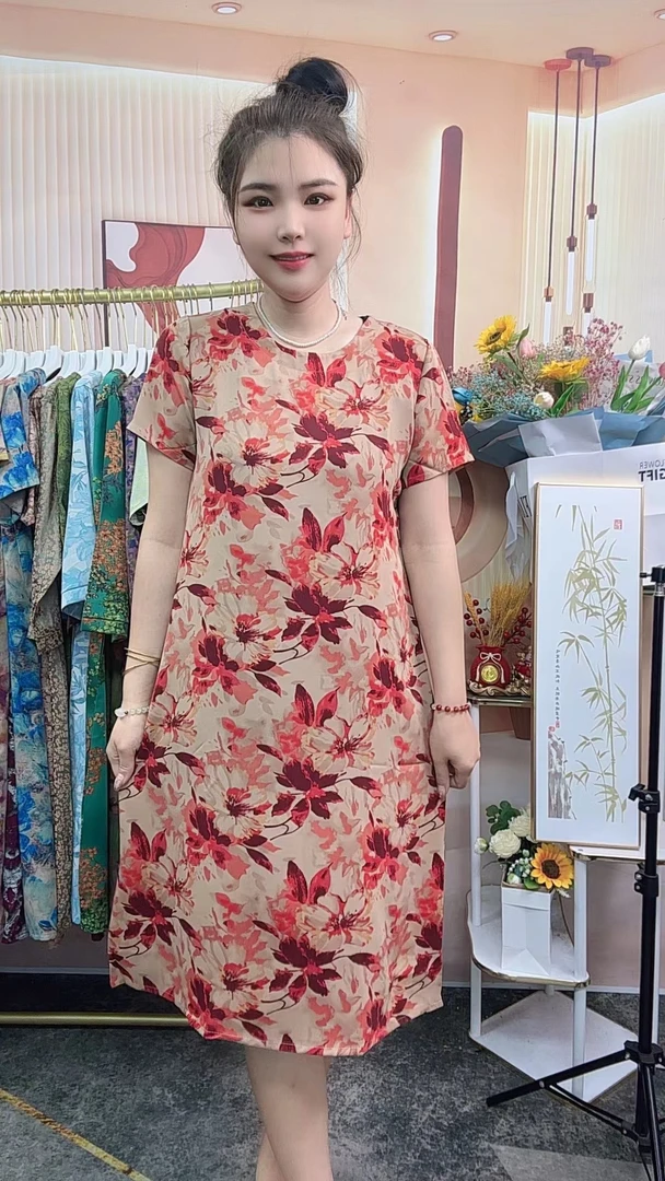 【新圆领粉花】2024夏季新款时尚气质显瘦百搭中长款妈妈装