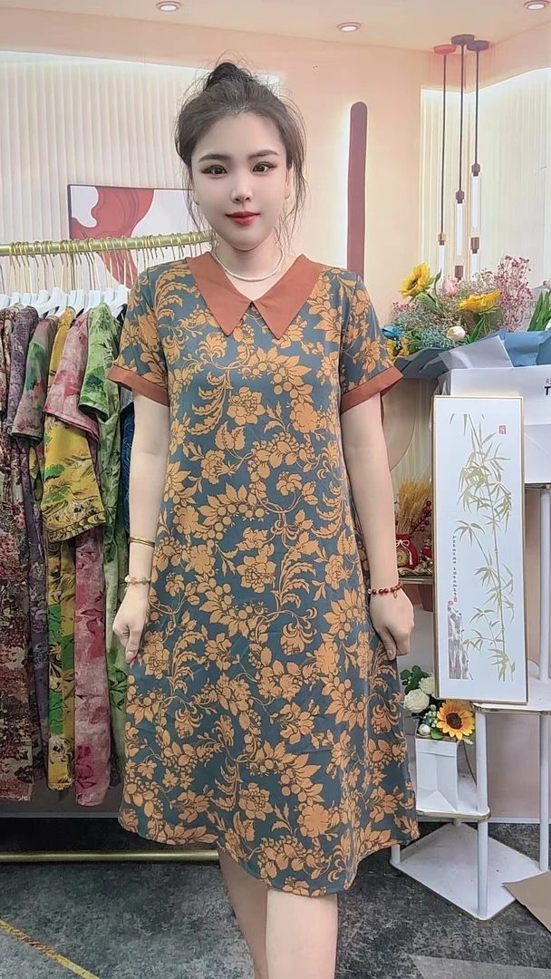 【娃娃领凤尾花】2024夏季新款时尚气质显瘦百搭中长款妈妈装