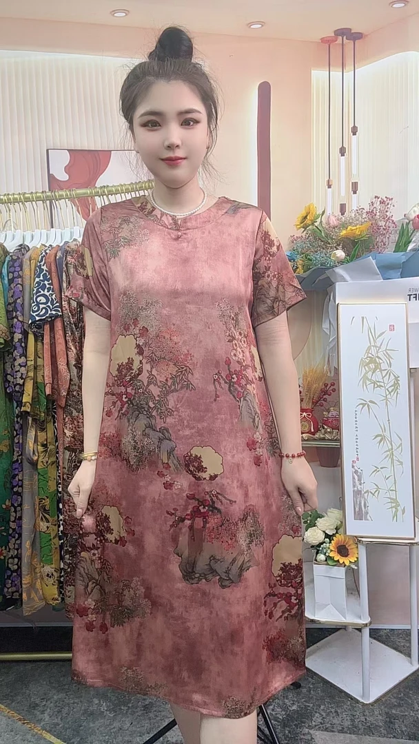 【粉色山河图】2024夏季新款时尚气质显瘦百搭新中式中长款妈妈装