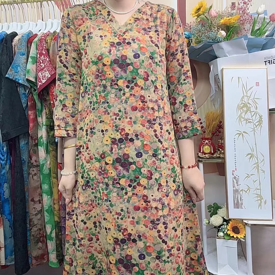 【七彩花】2024新款连衣裙妈妈装时尚洋气中长款显瘦遮肚连衣裙