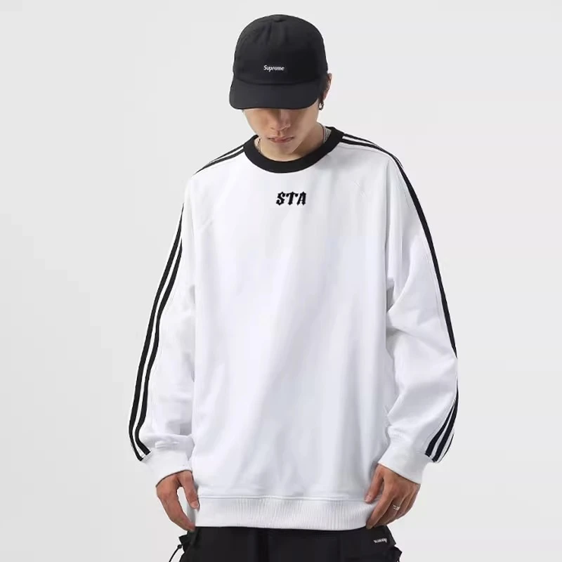STA 国潮牌美式拼接基础小logo发泡圆领卫衣男女秋季情侣织带上衣