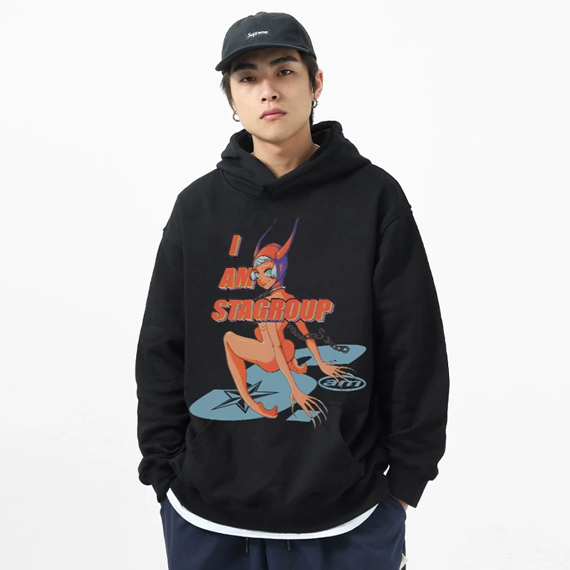 STA&AM联名款魔女喷墨印花复古休闲情侣连帽衫重磅男士宽松卫衣潮