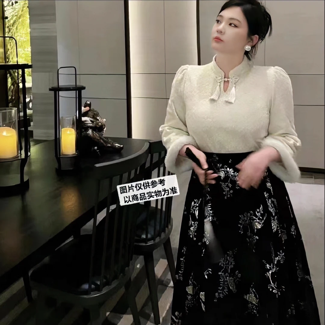 国风大码显瘦时尚气质复古温柔古风上衣+半身裙-2379