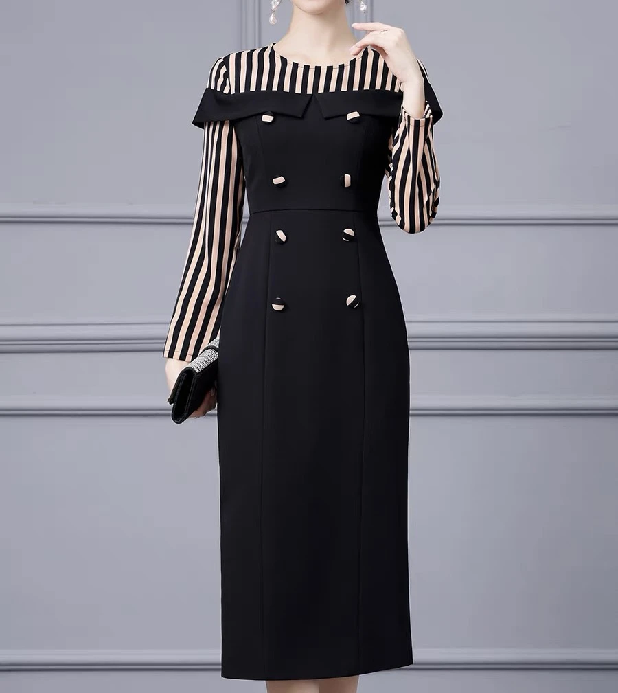 秋秋精选设计感条纹收腰显瘦包臀连衣裙23501