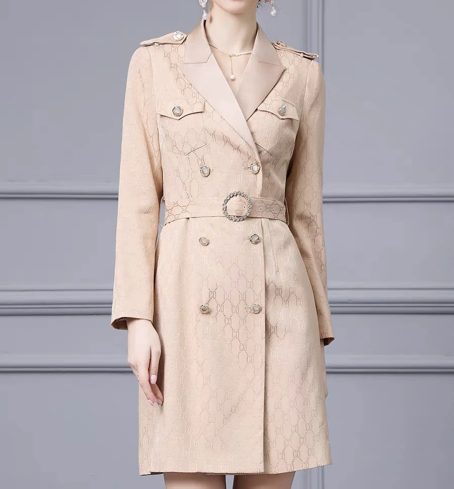 秋秋精选新款气质印花双排口西装领收腰显瘦通勤风衣外套20380