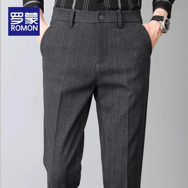罗蒙男士休闲裤春秋季直筒修身条纹西裤2025新款商务长裤西装裤子