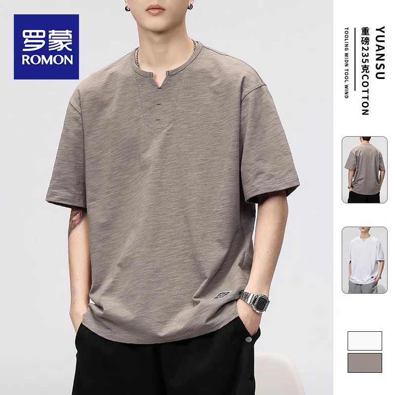 罗蒙V领短袖t恤男夏季2025新款男士棉麻半袖男款衣服简约潮体恤衫