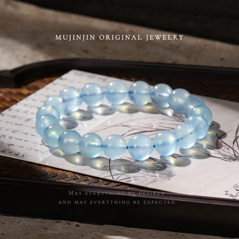 【木槿槿】天然海蓝宝石手串女款素圈10mm+小众时尚百搭手链YW1143