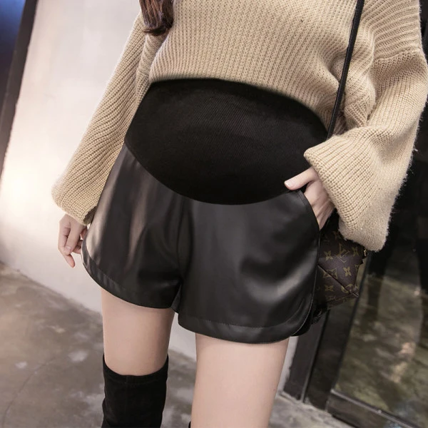 秋冬季新款显瘦优质PU皮短裤孕妇装时尚百搭孕妇靴裤宽松阔腿短裤