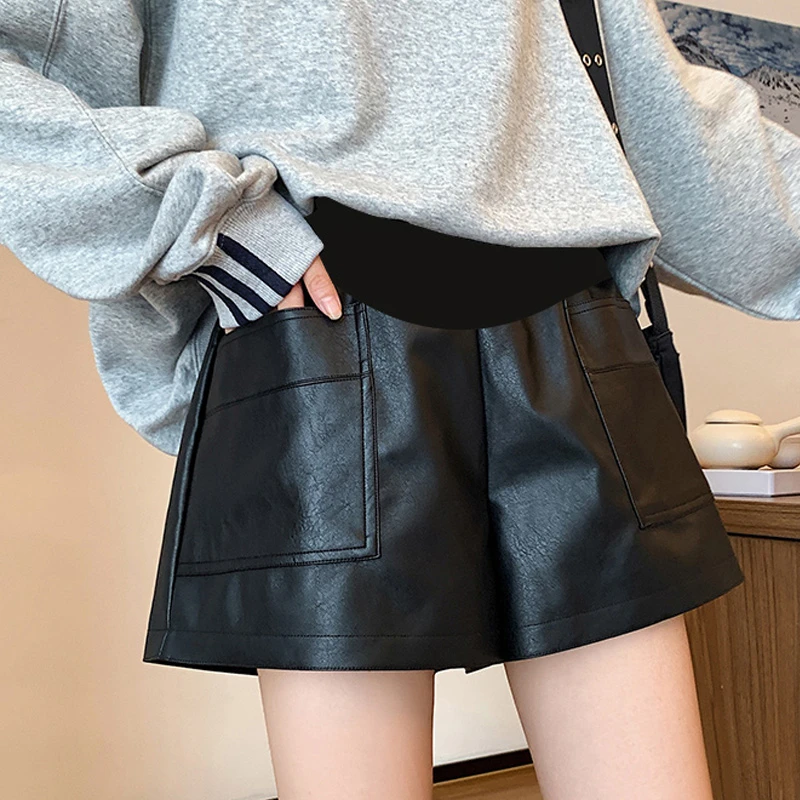 孕妇皮短裤春秋冬装外穿宽松黑色PU皮时尚潮妈阔腿短裤百搭靴裤