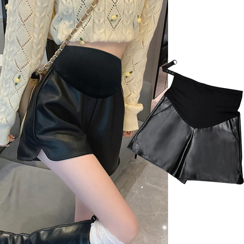 孕妇皮短裤秋冬宽松休闲开叉阔腿裤高腰显瘦百搭外穿a字PU皮靴裤