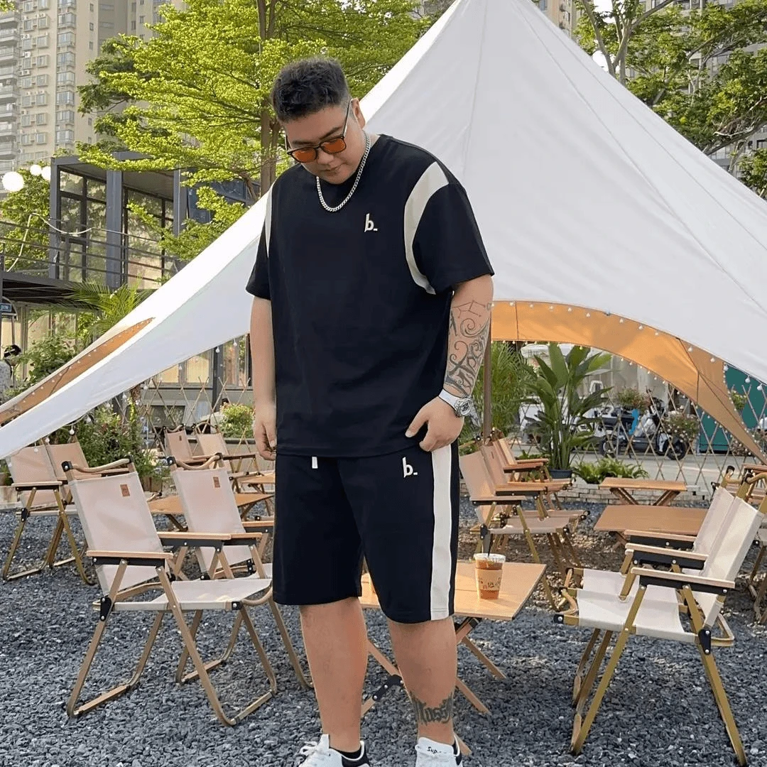 大码短袖短裤套装时尚百搭透气休闲运动套装夏季加肥加大圆领T恤