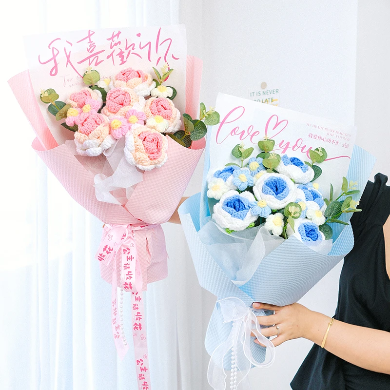 七夕节成品针织花毛线花束生日礼物花束玫瑰花永生花女友闺蜜礼品