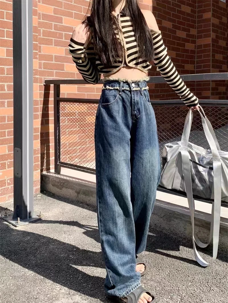 时尚显瘦毛边设计牛仔直筒阔腿裤【裤长100公分】3368#【22-2】