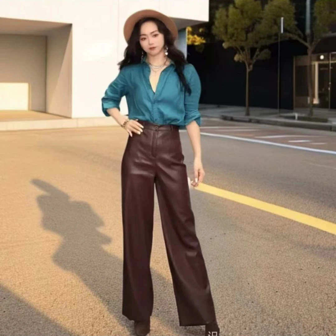 时尚气质高腰显瘦垂感窄版直筒阔腿皮裤【裤长98公分】7661#