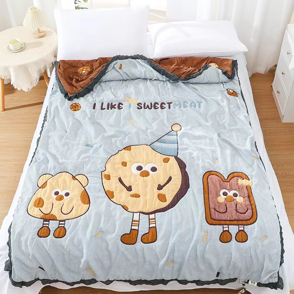 【温暖居家】双面卧室加厚提花泡芙被141cm*198cm-饼干熊蓝