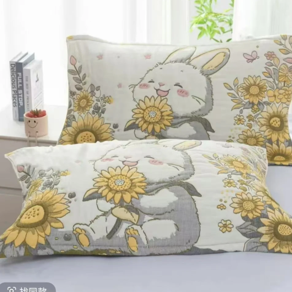 【温暖居家】棉纱枕巾一对52x78cm-葵花兔