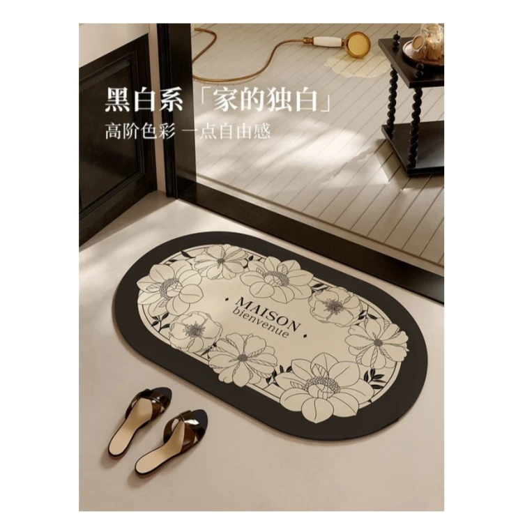 黑白风入户卧室浴室法式花卉地垫简约可圣马丁洗漱台复古吸水地垫