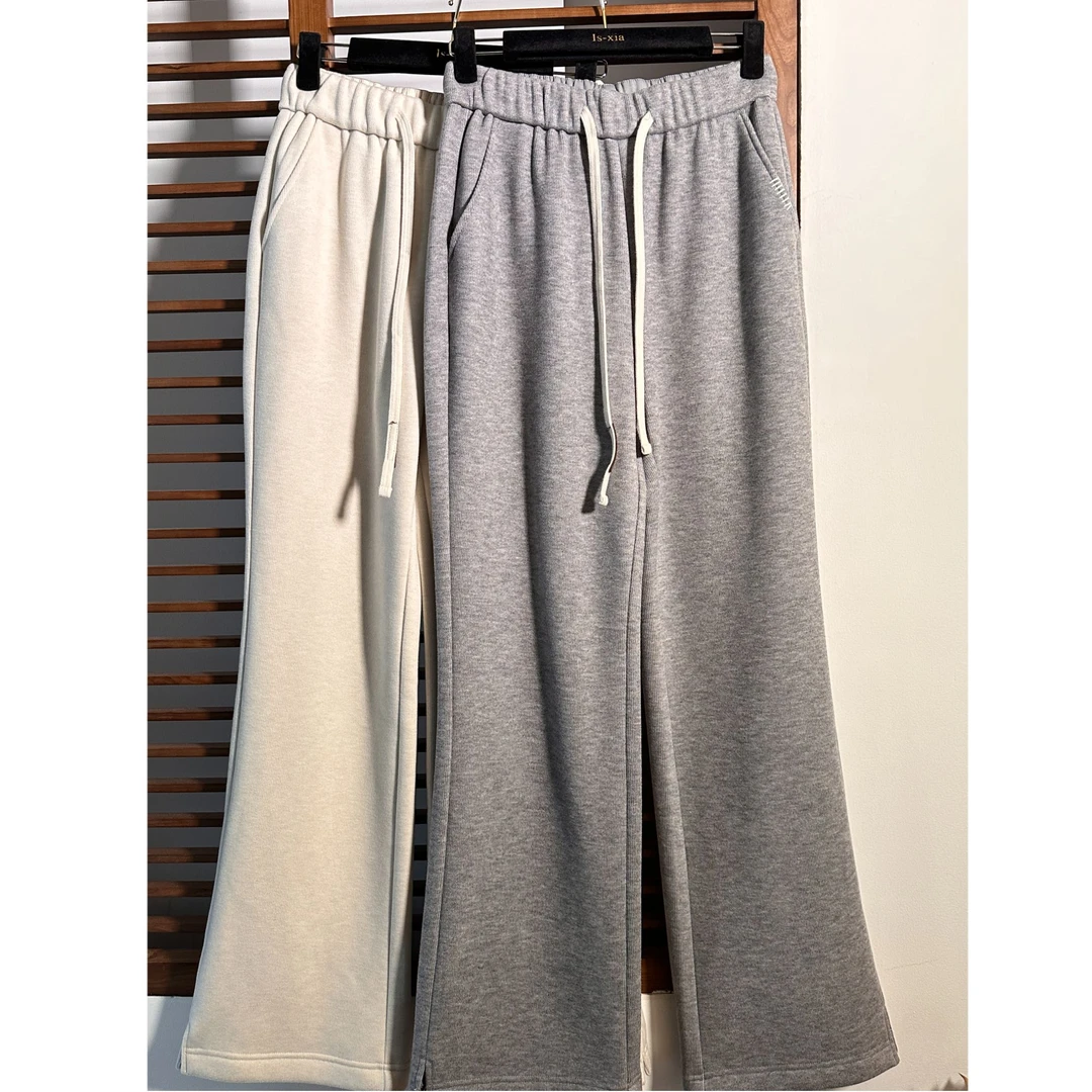 【空琉雨】加绒版！秋冬时尚优雅百搭纯色抽绳垂感开叉微喇休闲裤