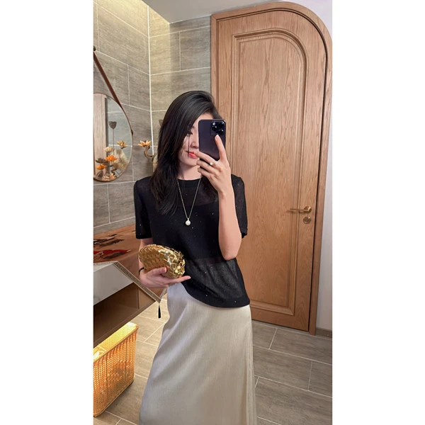 【内敛的华丽】苎麻静奢感 宽松显瘦H型短袖圆领镂空针织衫上衣百搭