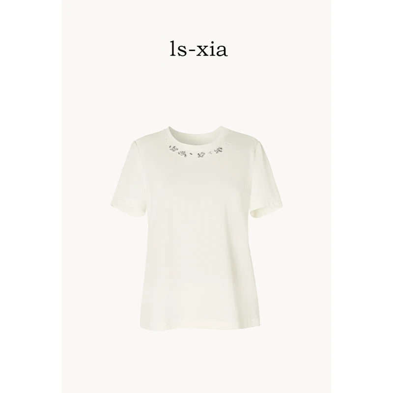 【仲夏物语】重工烫钻工艺 休闲百搭时尚T恤白色圆领80棉20锦纶