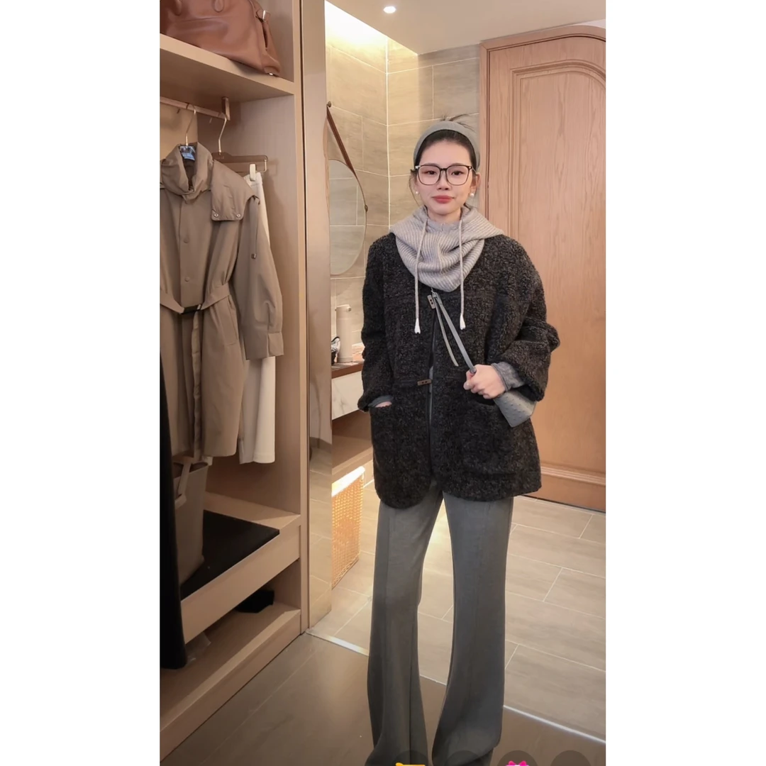 【墨云】100%绵羊毛时尚百搭奢风牛角扣毛呢中长款大衣外套